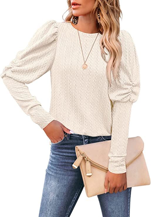 DOROSE Womens Puff Long Sleeve Crewneck Cable Knit Casual Loose Pullover Sweater Tops | Amazon (US)