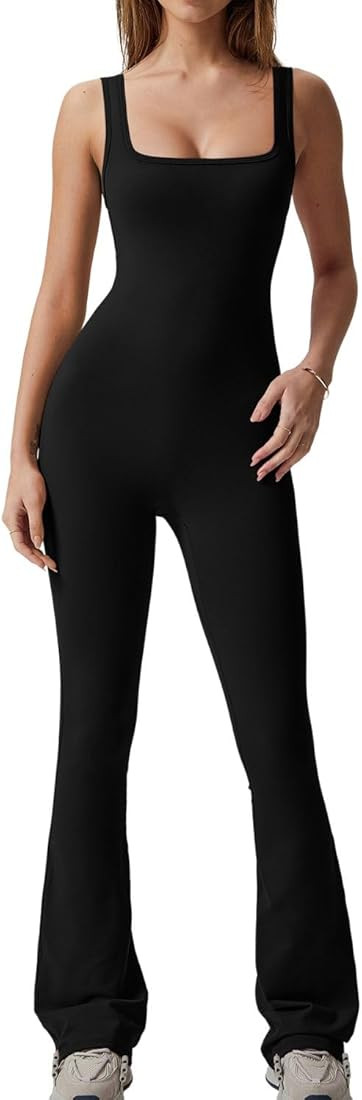 QINSEN Wide Leg Jumpsuits for Women Tank Square Neck Bodycon Full Length Casual Unitard Playsuit | Amazon (US)