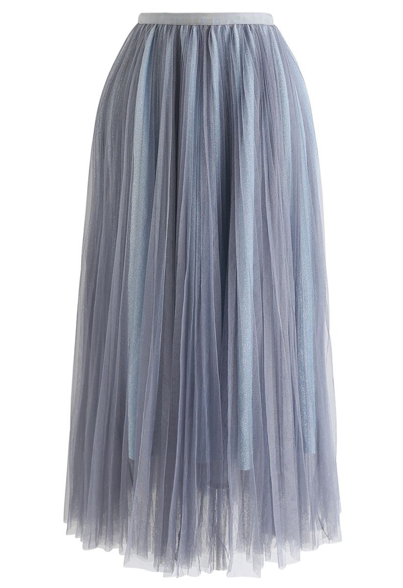 Glittering Mesh Pleated Midi Skirt in Dusty Blue | Chicwish