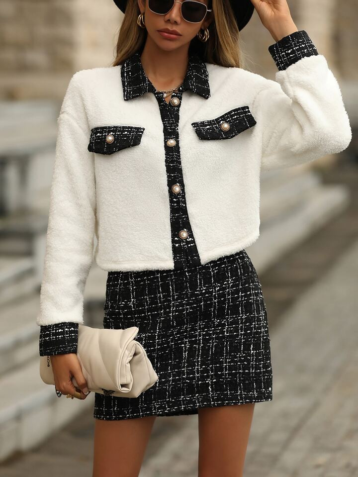 SHEIN Frenchy Contrast Trim Teddy Jacket & Tweed Skirt | SHEIN