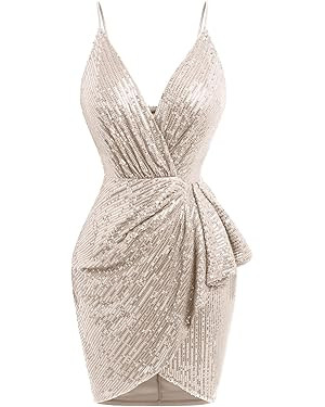 Womens 3/4 Sleeve V Neck Sequin Sparkle Glitzy Glam Flapper Party Dress Cocktail Glitter Bodycon ... | Amazon (US)