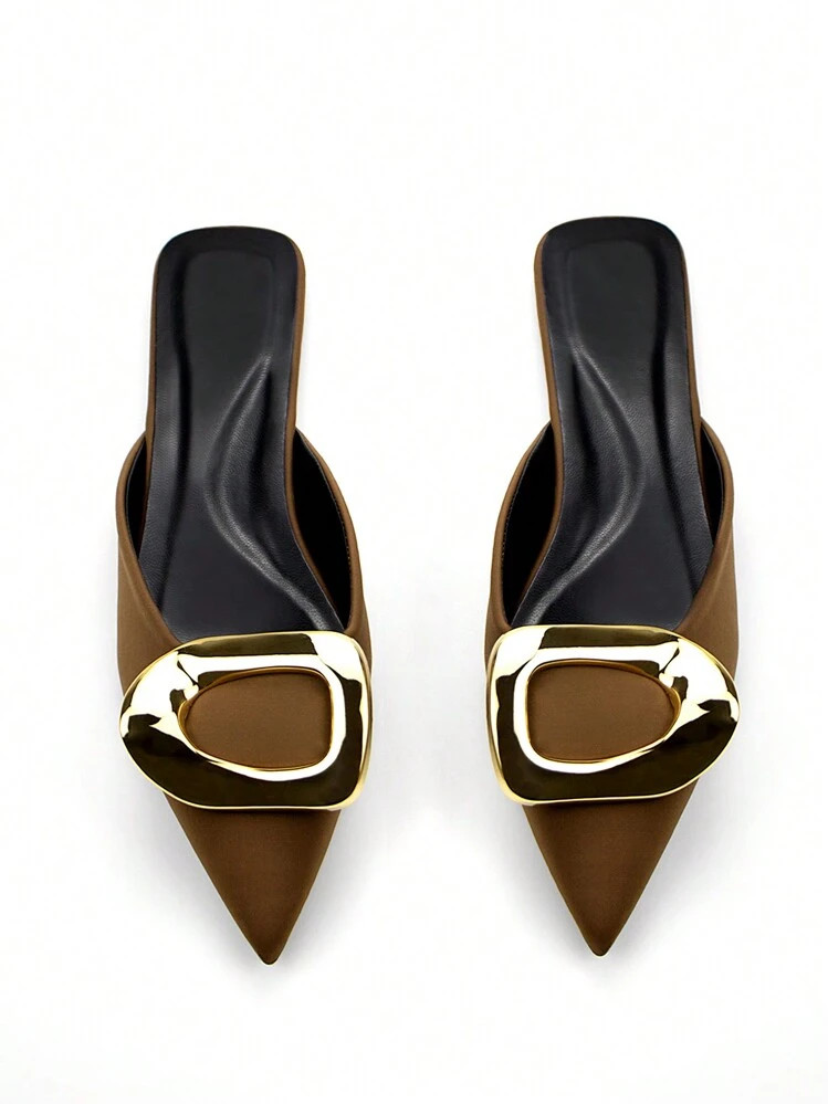 2025 Autumn Women Fashionable Gold Hardware Decorated Brown Lycra Fabric Pointed Toe Flat Mule Shoes | SHEIN