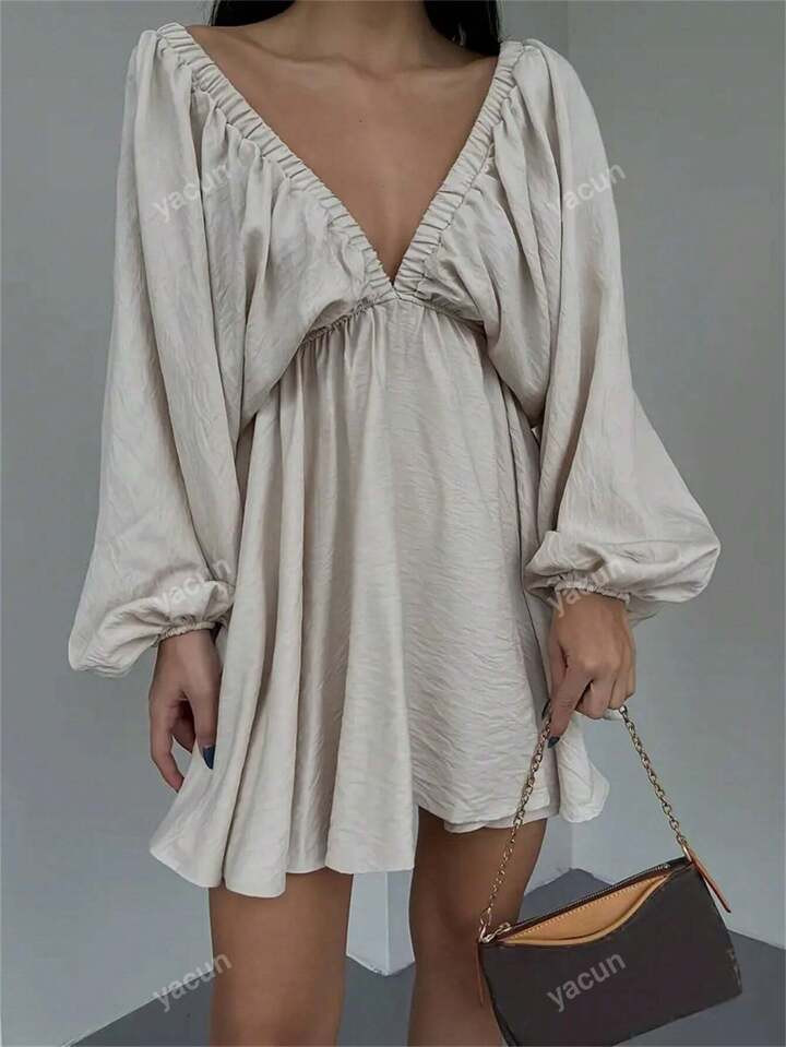 Solid Color V-Neck Lantern Sleeve Dress | SHEIN