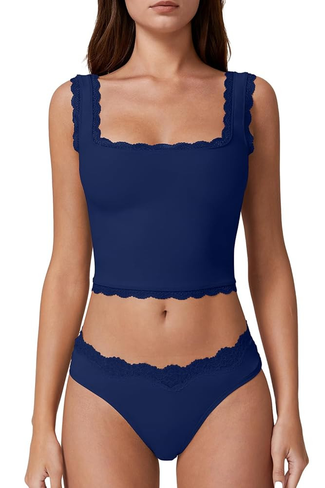 QINSEN Womens Square Neck Lace Trim Tank Tops Double Lined Slim Fit Summer Going Out Y2k T Shirts | Amazon (US)