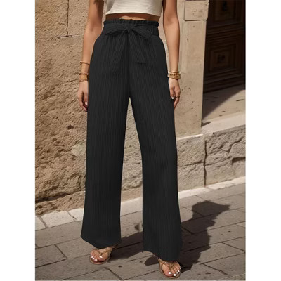 Women's high-waisted wide-leg pants, featuring ruffled elastic waist and bow decorations,blackL | Target