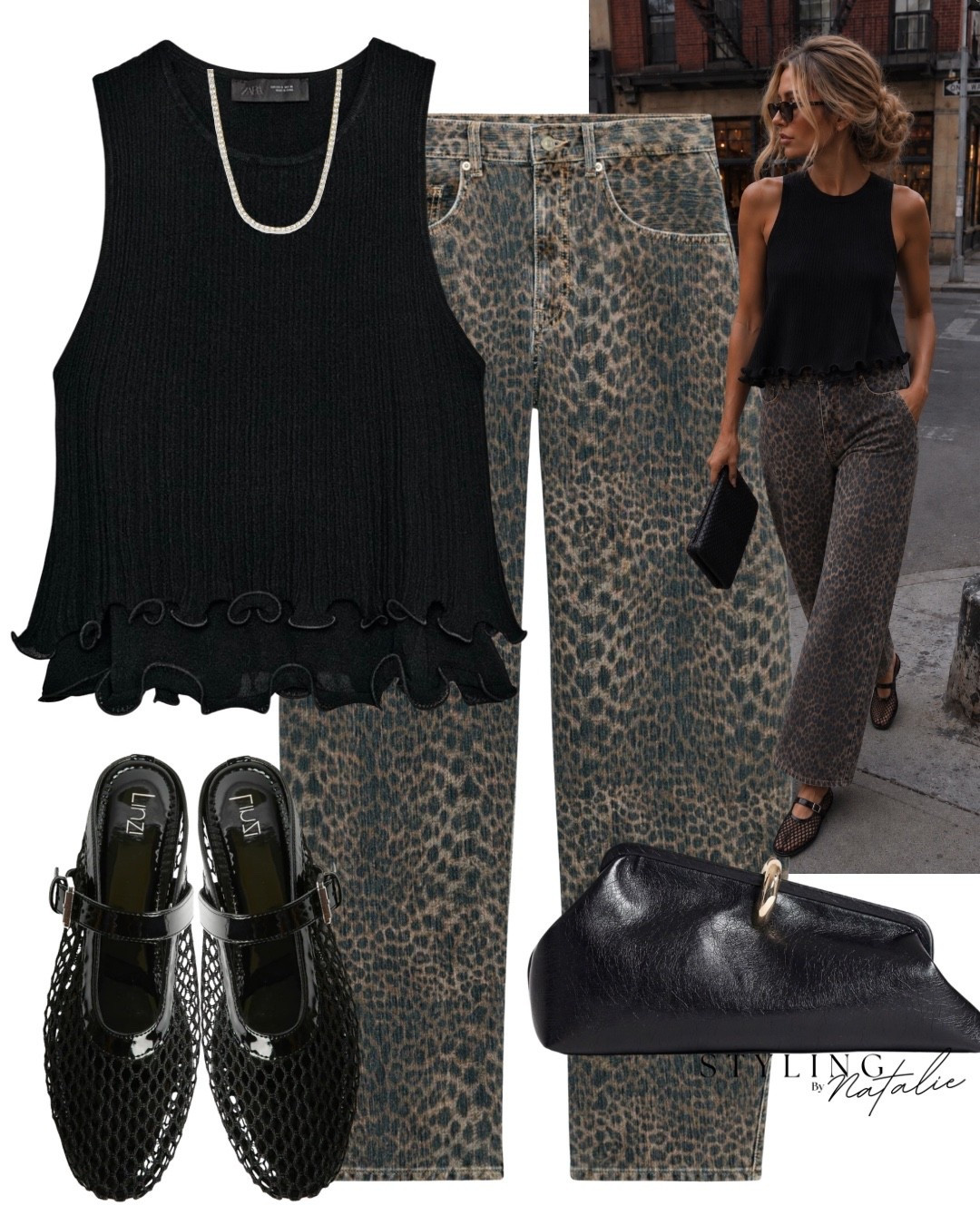 Cute top and jeans 🖤🐆
Animal print barrel jeans, double layered frill trim knit top, tennis necklace, mesh ballet slip ons and black clutch bag.
@linzi shoes, casual chic, date night outfit, summer outfit, leopard print, evening look, transitional style, early fall, late summer style, Zara @Zara

#LTKFashionMonth #LTKsummer #LTKdatenight