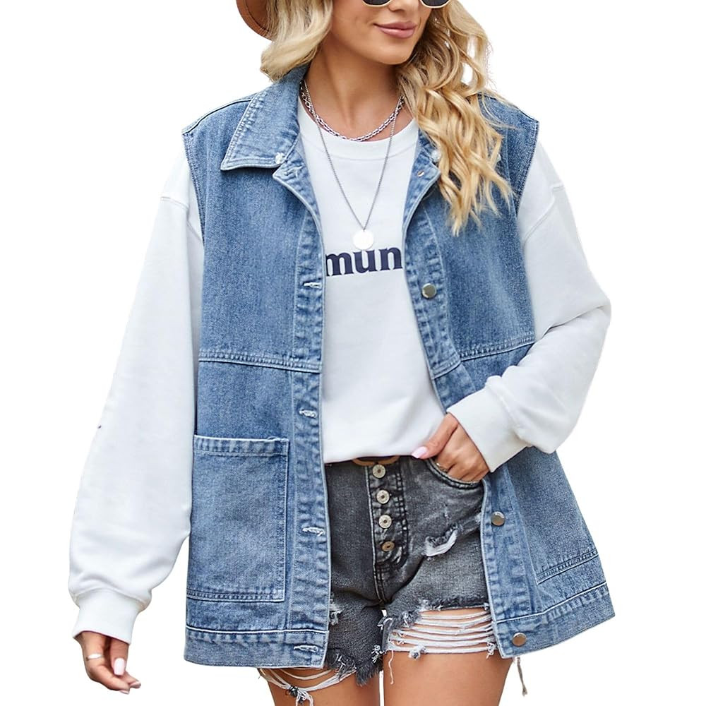FindThy Women’s Vintage Denim Jean Vest Oversized Button Down Jean Waistcoat Gilet | Amazon (US)