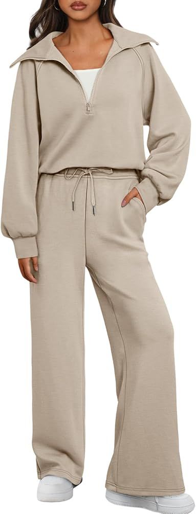 Amazon.com: AUTOMET Womens Two Piece Outfits Lounge Joggers Sets Oversized Half Zip Sweaters with... | Amazon (US)