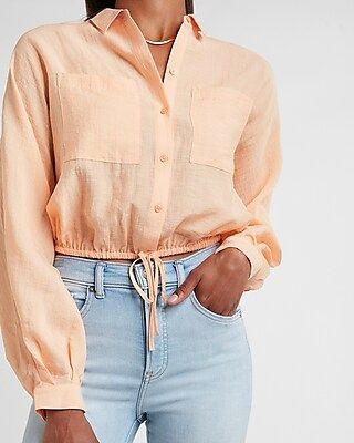Cropped Cinched Tie Waist Button-Up Shirt | Express