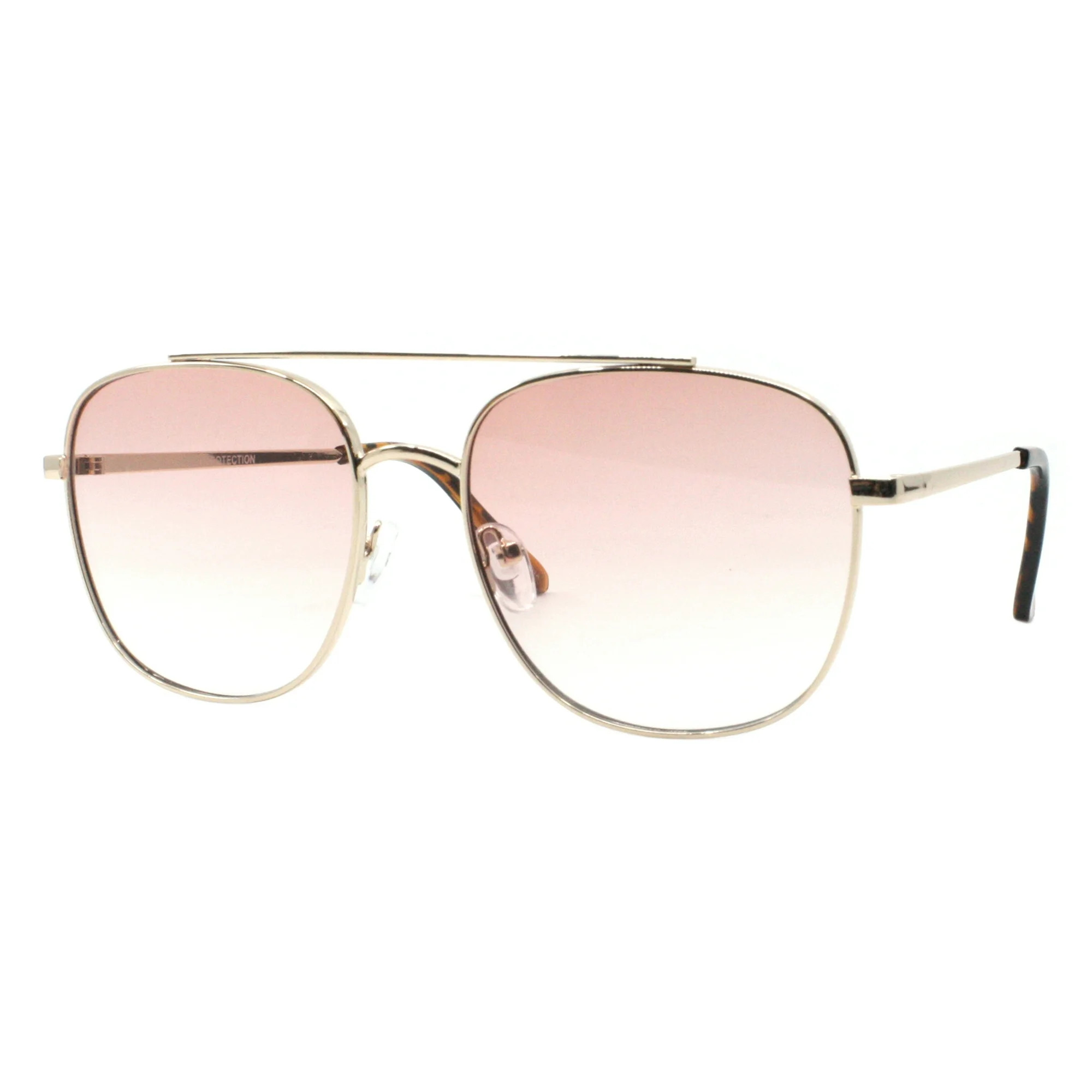 Double Bridge Pilot Sunglasses Square Metal Frame Gold, Pink Gradient Lens UV400 | Walmart (US)
