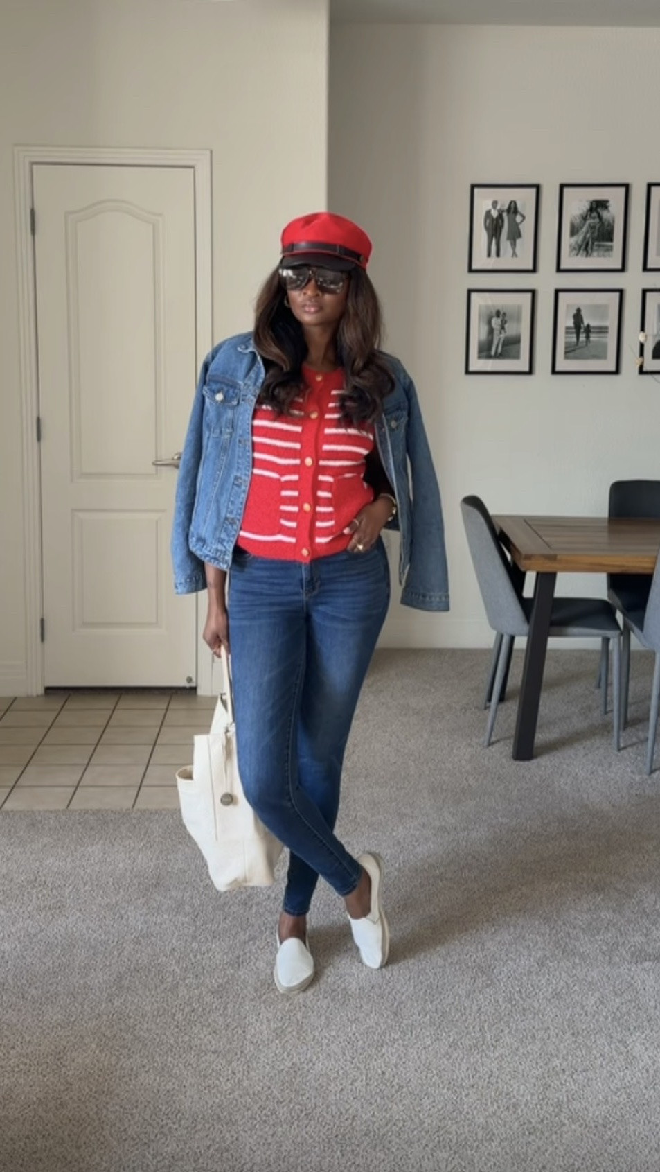 Sometimes a pop of red is all the “main character energy” you need. Mixing textures today with a cozy striped cardigan, denim layers, and one my favorite newsboy cap for that effortless Parisian flair.

#LTKootd #LTKTall #LTKOver40