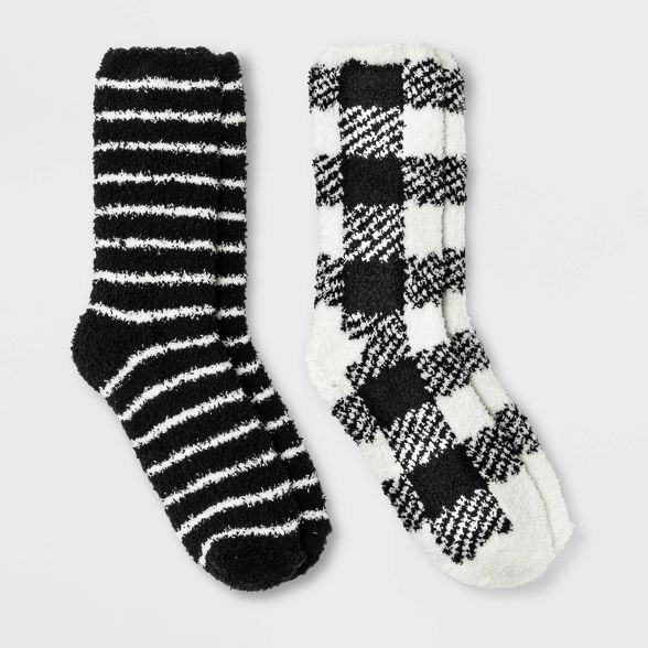 Women's Buffalo Check Plaid 2pk Cozy Crew Socks - Black/White 4-10 | Target