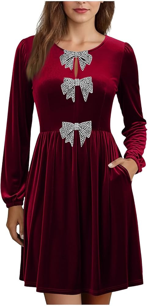 Velvet Dress for Women Pleated Long Sleeve Dresses with Three Removable Bows High Waist Elegant H... | Amazon (US)