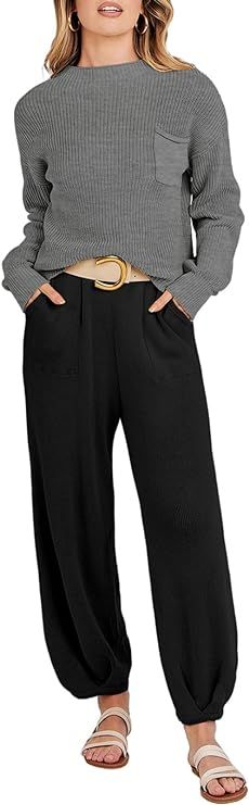 MEROKEETY Women's 2 Piece Outfits Sweater Set Long Sleeve Knit Pullover High Waist Pants Lounge S... | Amazon (US)