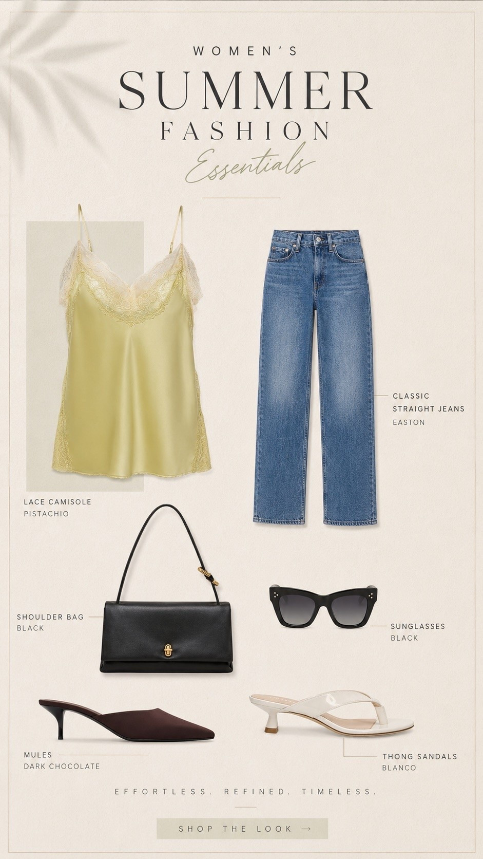 Women’s summer fashion essentials, elevated @Saks Fifth Avenue 🤍

This outfit is built around timeless pieces you’ll wear for years. A pistachio lace camisole adds a soft feminine touch, classic straight leg jeans keep the look effortless, a structured black shoulder bag brings polish, chocolate mules add rich contrast, white thong sandals offer an easy daytime option, and black sunglasses finish the look with understated sophistication. #Saks #SaksPartner