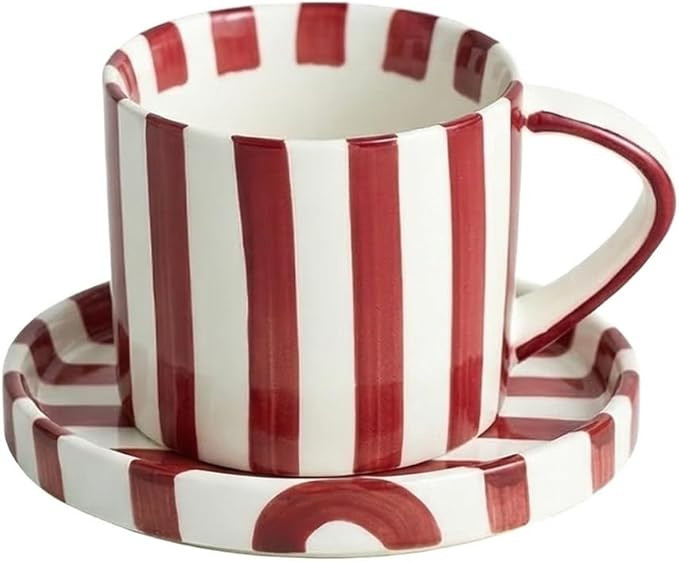 8 oz Hand-Painted Striped Ceramic Coffee Mug & Saucer Set, Retro Cappuccino Cup, Underglaze Safe,... | Amazon (US)