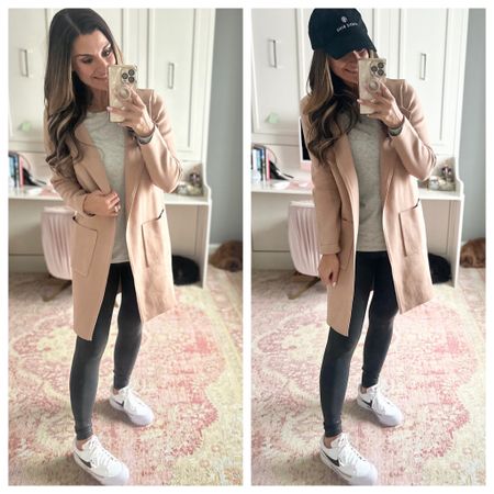 Casual outfit with a grey tee, tan coatigan, black leggings, and sneakers 

#LTKover40 #LTKfindsunder50 #LTKstyletip