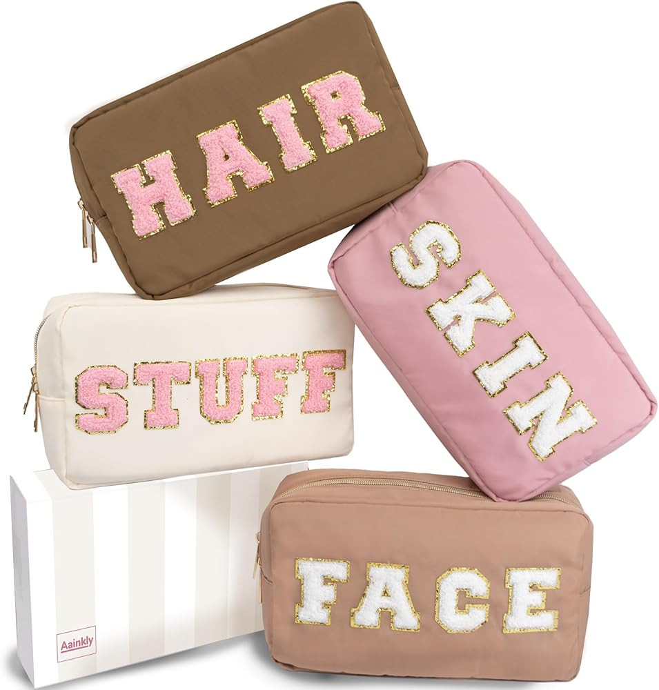 Large Preppy Makeup Bag - 4 Pieces - Chenille Letter Bag - Zipper Nylon Bags for Women and Girls ... | Amazon (US)