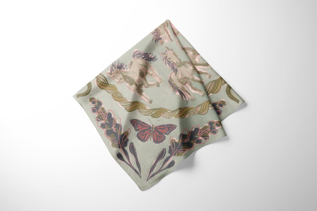 The Mary Silk Scarf in Cactus - Wild Horses, Bluebonnets, Butterflies, Horseshoes - Sage Green We... | Etsy (US)