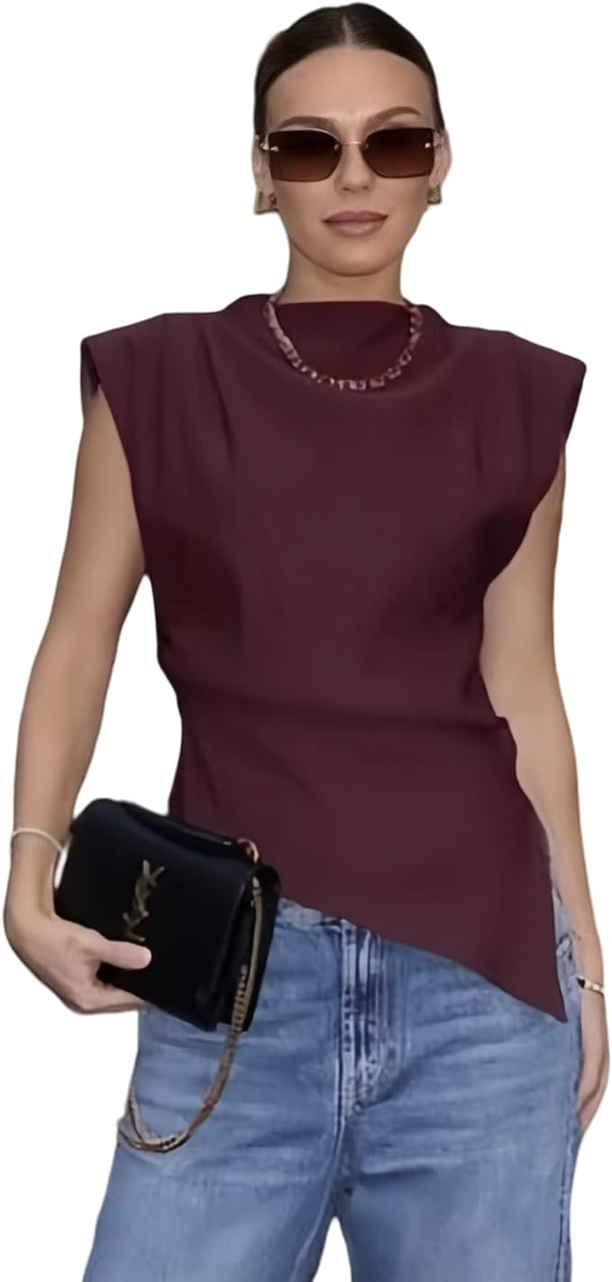 Women's Ruched Cap Sleeve Shoulder Pad Tank Tops Asymmetrical Hem Zipper Summer Casual Basic Tee ... | Amazon (US)