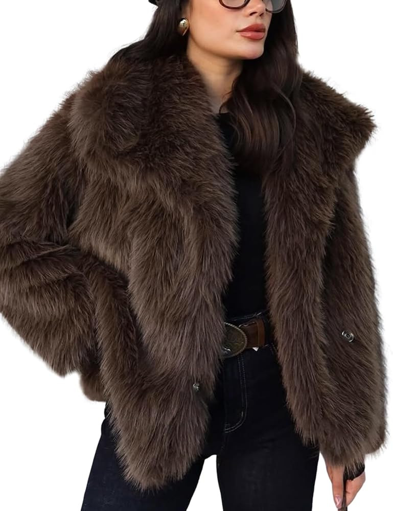 Wyeysyt Womens Faux Fur Coat Cropped Fluffy Shaggy Jacket Long Sleeve Lapel Winter Furry Coat Out... | Amazon (US)