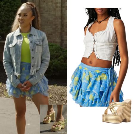Ashley Darby’s Blue Ruffle Mini Skirt and Gold Sandals 