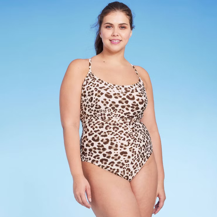 Women's Leopard Print Wrap Belt Medium Coverage One Piece Swimsuit - Kona Sol™ Beige | Target