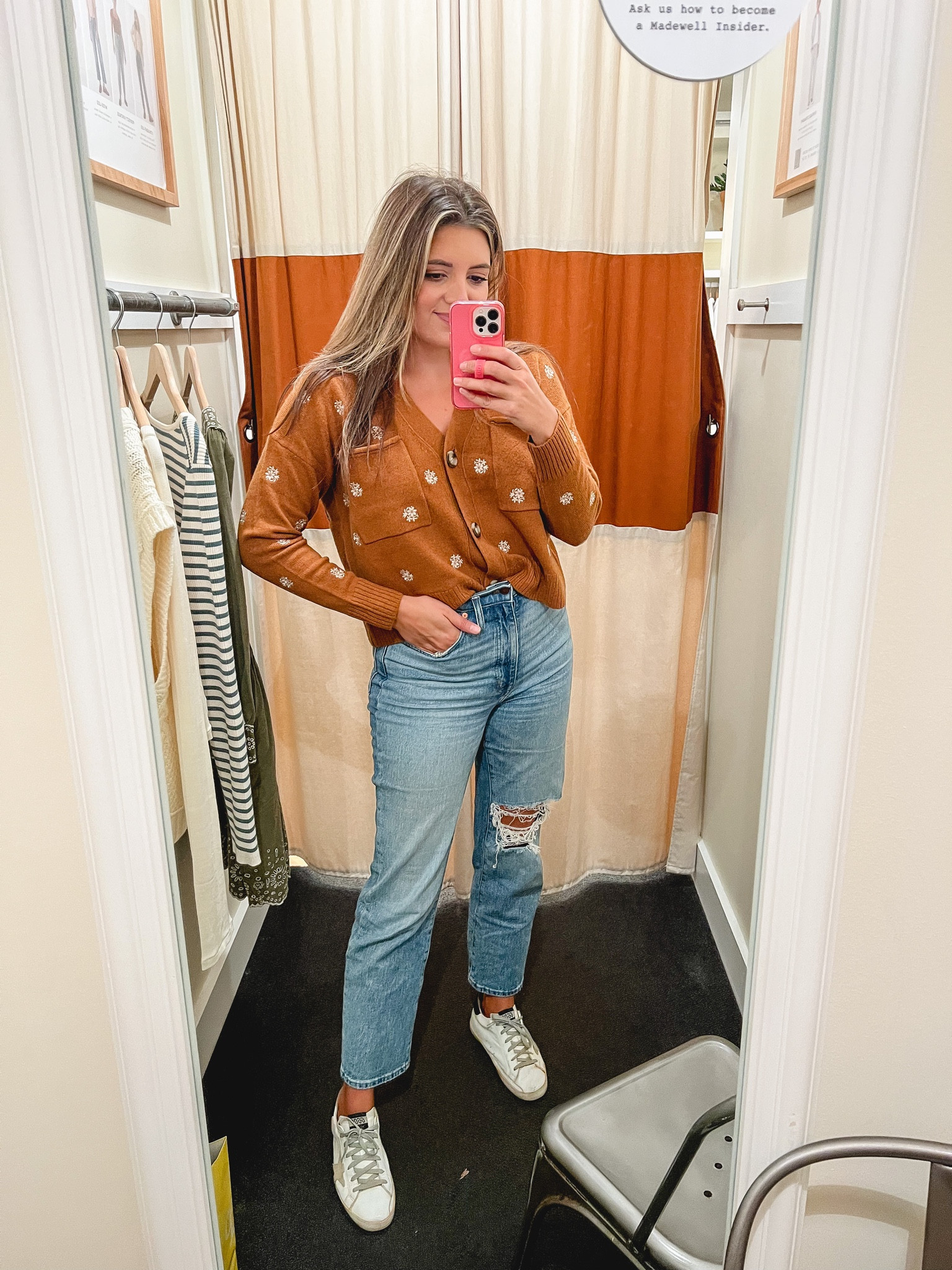 25% - 30% Madewell sale! New fall @madewell try on! Embroidered cardigan with matching tank for a twin set! I sized down one to a small! Straight leg distressed jeans also run a size large. Size down! 

#LTKSeasonal #LTKsalealert #LTKunder100