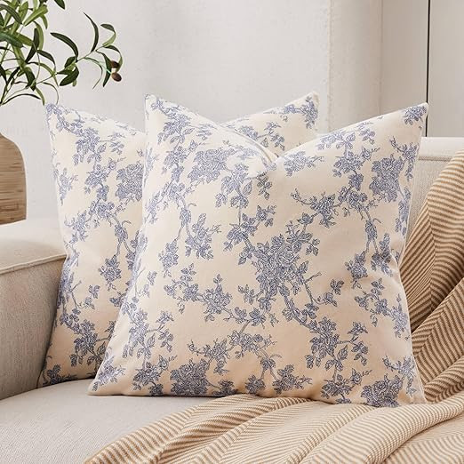 100% Cotton French Pastoral Throw Pillow Covers Set of 2, 18x18 Inch Blue Farmhouse Decorative Cu... | Amazon (US)