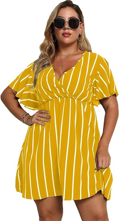 Floerns Women's Plus Size Striped Print Wrap V Neck Short Sleeve A Line Dress | Amazon (US)