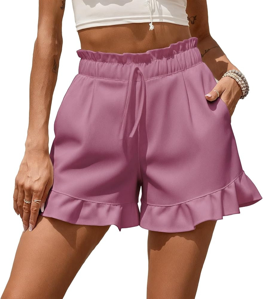 MARSVOVO Casual Cute Shorts for Women Wide Leg Ruffled Hem Loose Comfy Shorts Beach Pants with Po... | Amazon (US)