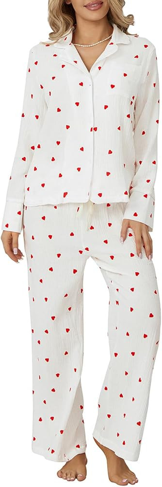 Women 2 Piece Valentine's Day Pajama Set Heart Print Long Sleeves Button Shirt and Elastic Pants ... | Amazon (US)