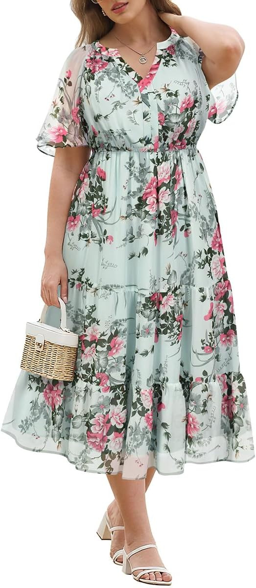 RITERA Plus Size Summer Dresses Short Sleeve V Neck Flowy Midi Dress Chiffon Boho Floral Beach Pa... | Amazon (US)