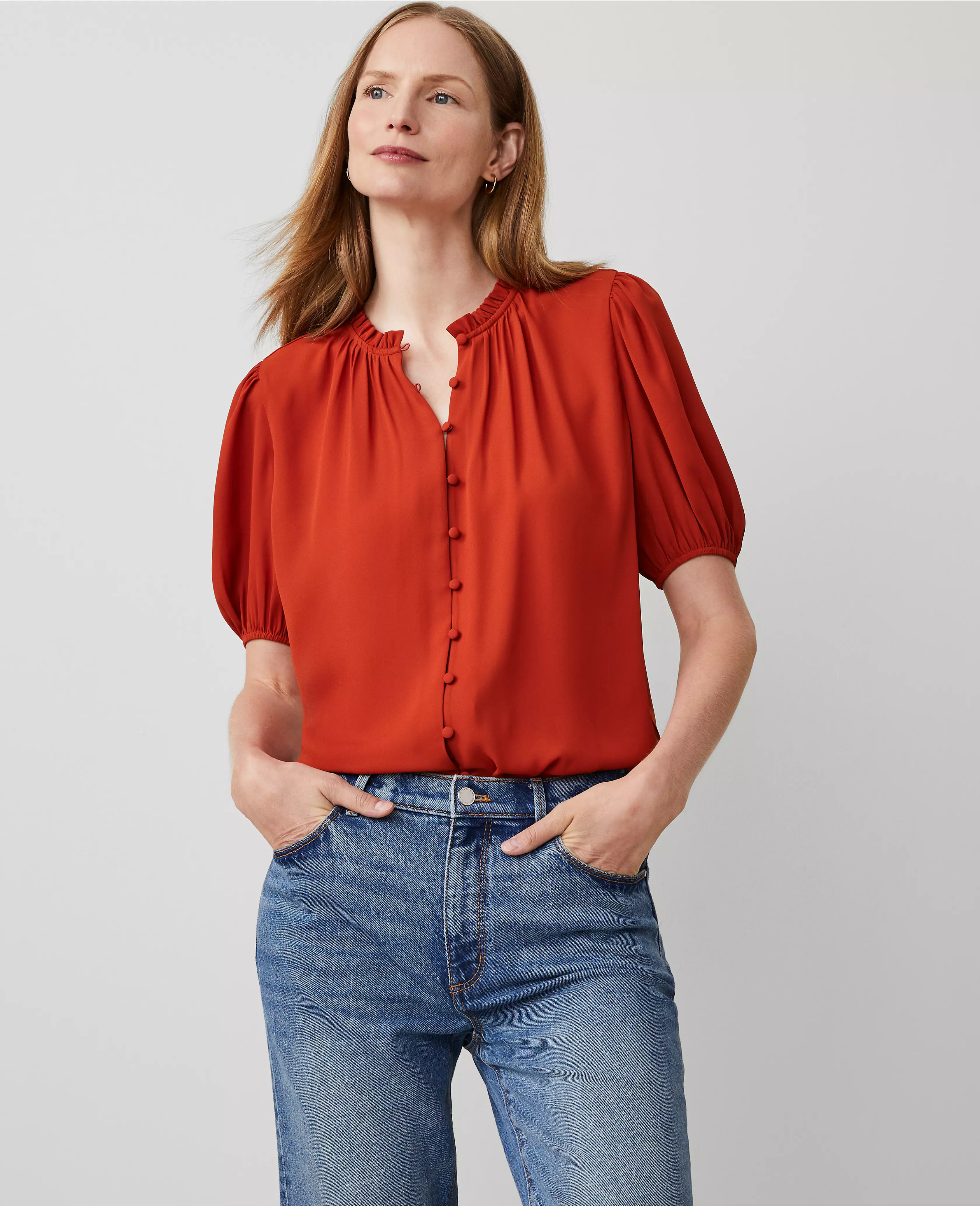 Mixed Media Ruffle Neck Top | Ann Taylor (US)