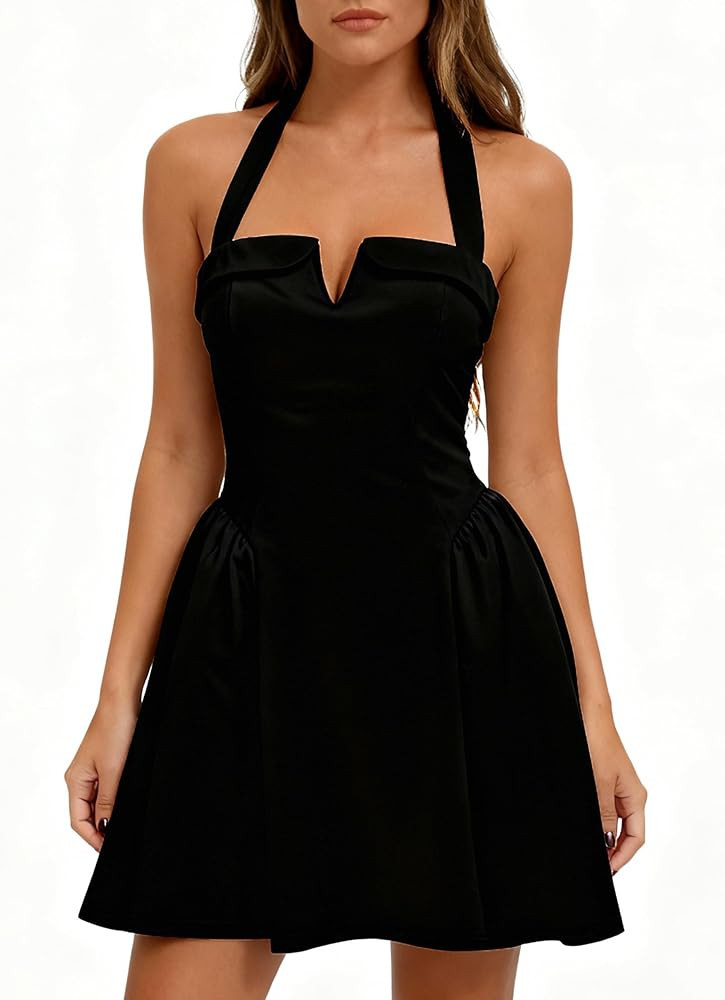 BDUCK+ Women’s Halter Bow Mini Dress Backless A-Line Cocktail Party Wedding Guest Dress Elegant... | Amazon (US)