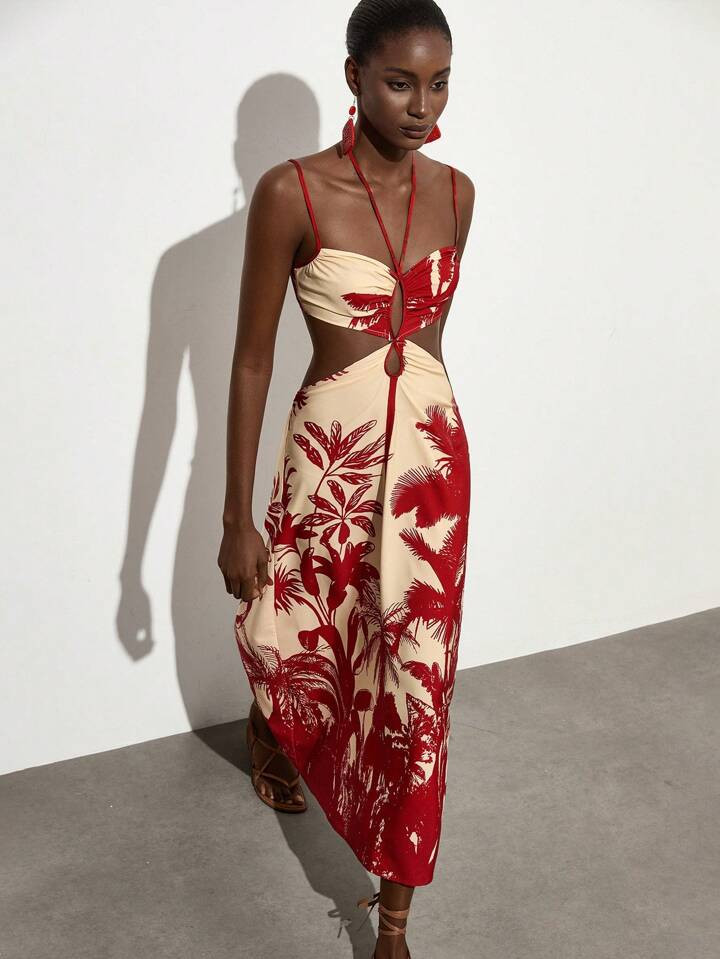 Aveloria Modichic Red Contrast Color Silhouette Palm Tree Graphic Print Color Block Hollow Out Design Sleeveless Spaghetti Strap Casual Summer Maxi Dress, Elegant Sophisticated Minimalist Luxury Style For Women | SHEIN