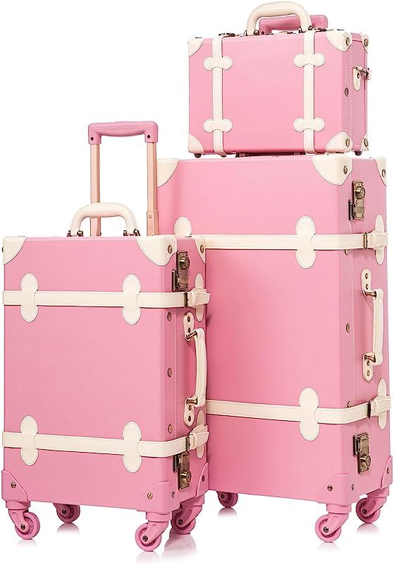 UNIWALKER Vintage Pink Suitcase Set, 3 Piece Retro Trunk Luggage with Spinner Wheels TSA Lock and... | Amazon (US)