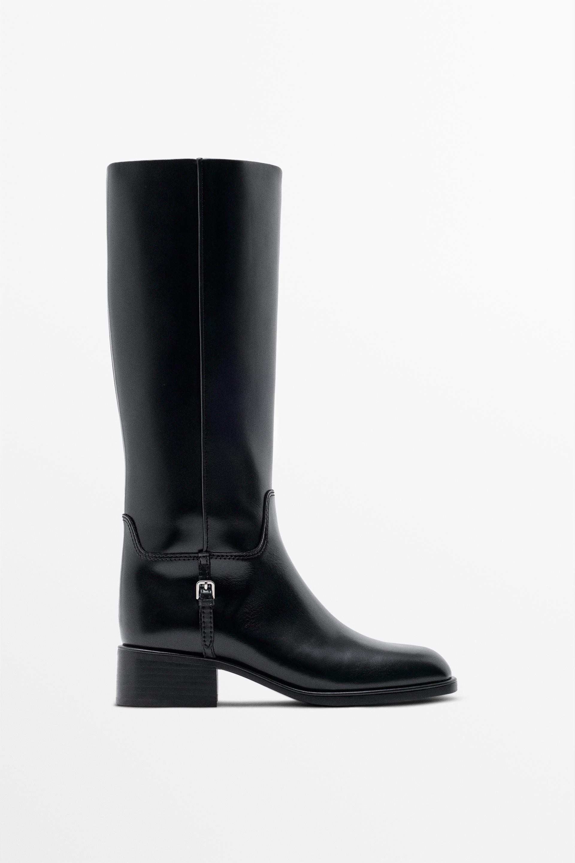 Flat leather boots with lateral buckle | Zara Canada