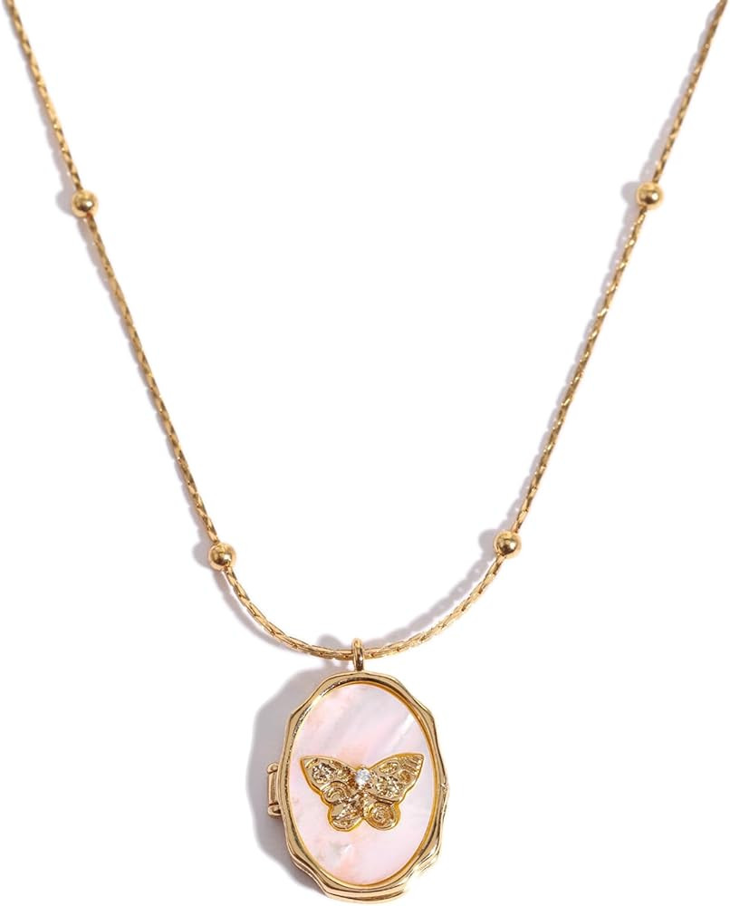 Gold Star Moon Butterfly Oval Locket Necklace that Holds Picture for Women Vintage 18K Gold Plate... | Amazon (US)