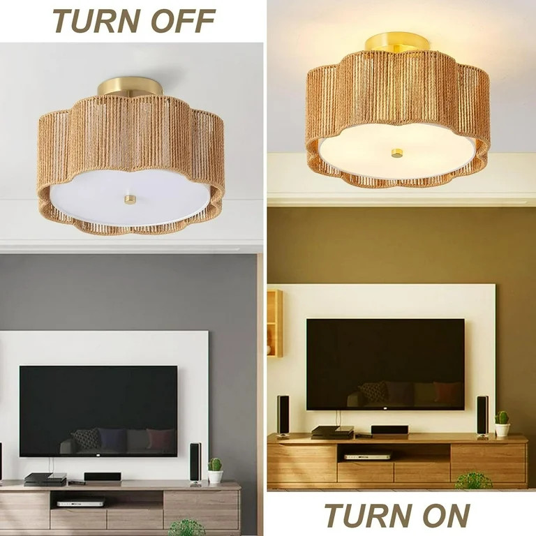 Boho Light Fixtures Flush Mount, 3-Light Rattan Ceiling Light Fixtures Flush Mount Gold for Bedro... | Walmart (US)