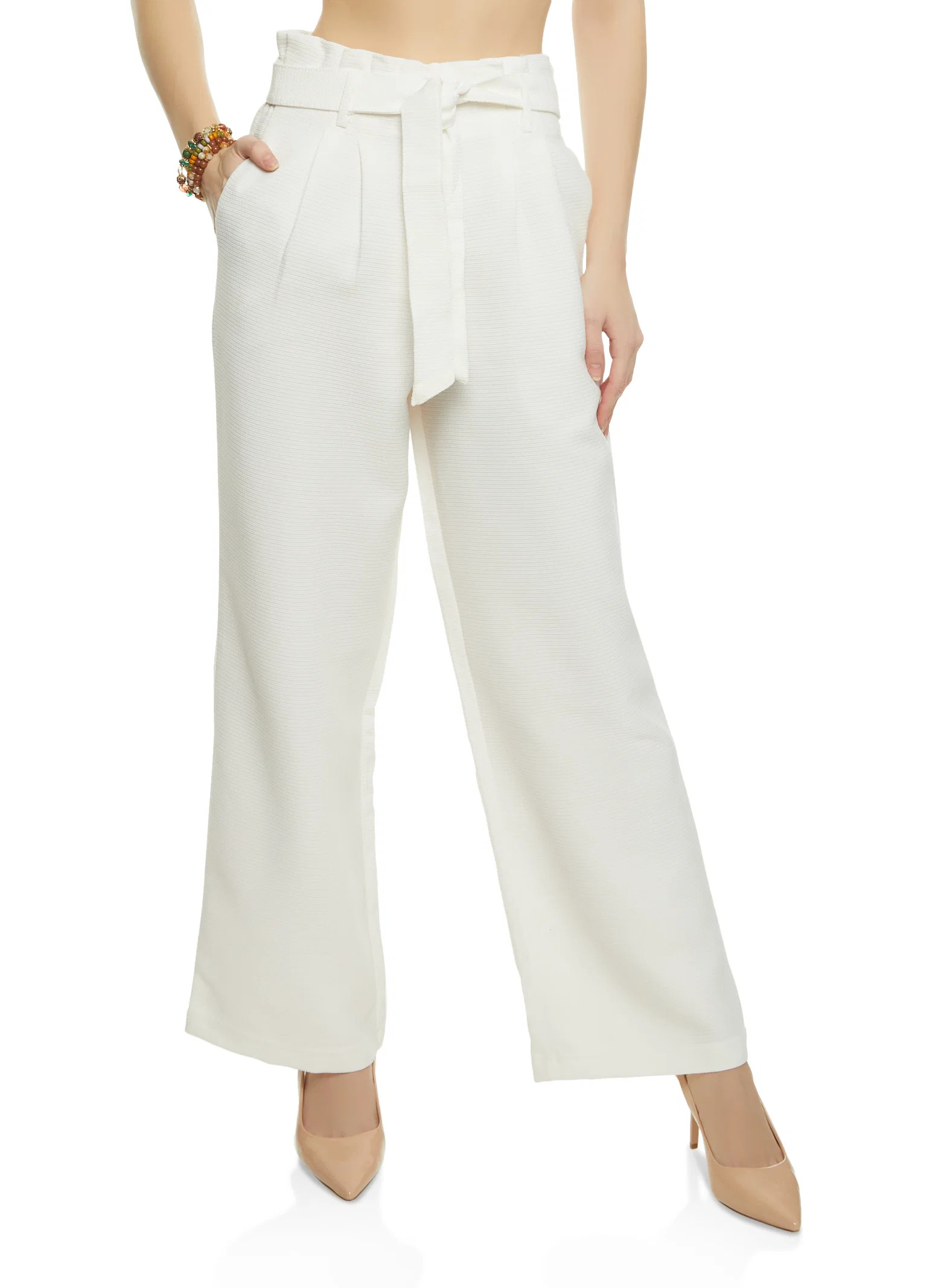Tweed Paper Bag Waist Wide Leg Pants | Rainbow Shops