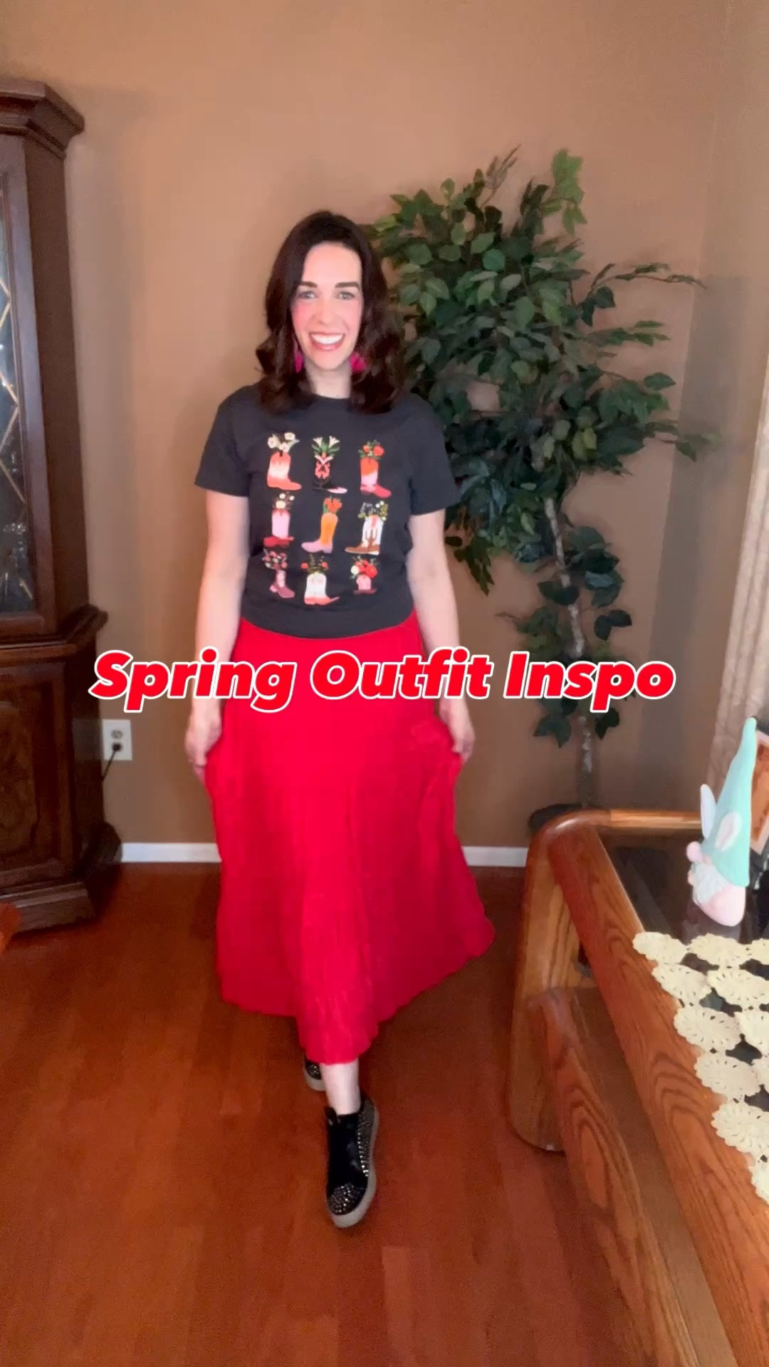 Gray cowboy boots graphic t-shirt (small). Red tiered maxi skirt (small). Black studded sneakers (size 8.5). #tshirt #graphictshirt #graytshirt #cowboybootstshirt #skirt #maxiskirt #redskirt #sneakers #blacksneakers #studdedsneakers #springoutfit 
spring outfits 2026 @Target @VICI 

#LTKSeasonal #LTKootd