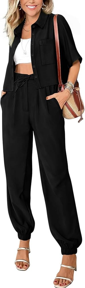 BTFBM Women's 2024 Summer 2 Piece Outfits Tracksuit Short Sleeve Cropped Button Down Shirt Long P... | Amazon (US)