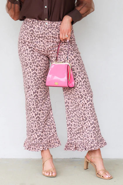 Coming Around Pink Leopard Print Ruffle Hem Wide Leg Pant | The Willow Tree