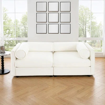 Elegant White Chenille Sofa With Storage Seat, Cylindrical Backrest And Armrests, Contemporary Fabric Couch With Hidden Storage Compartment | Wayfair North America