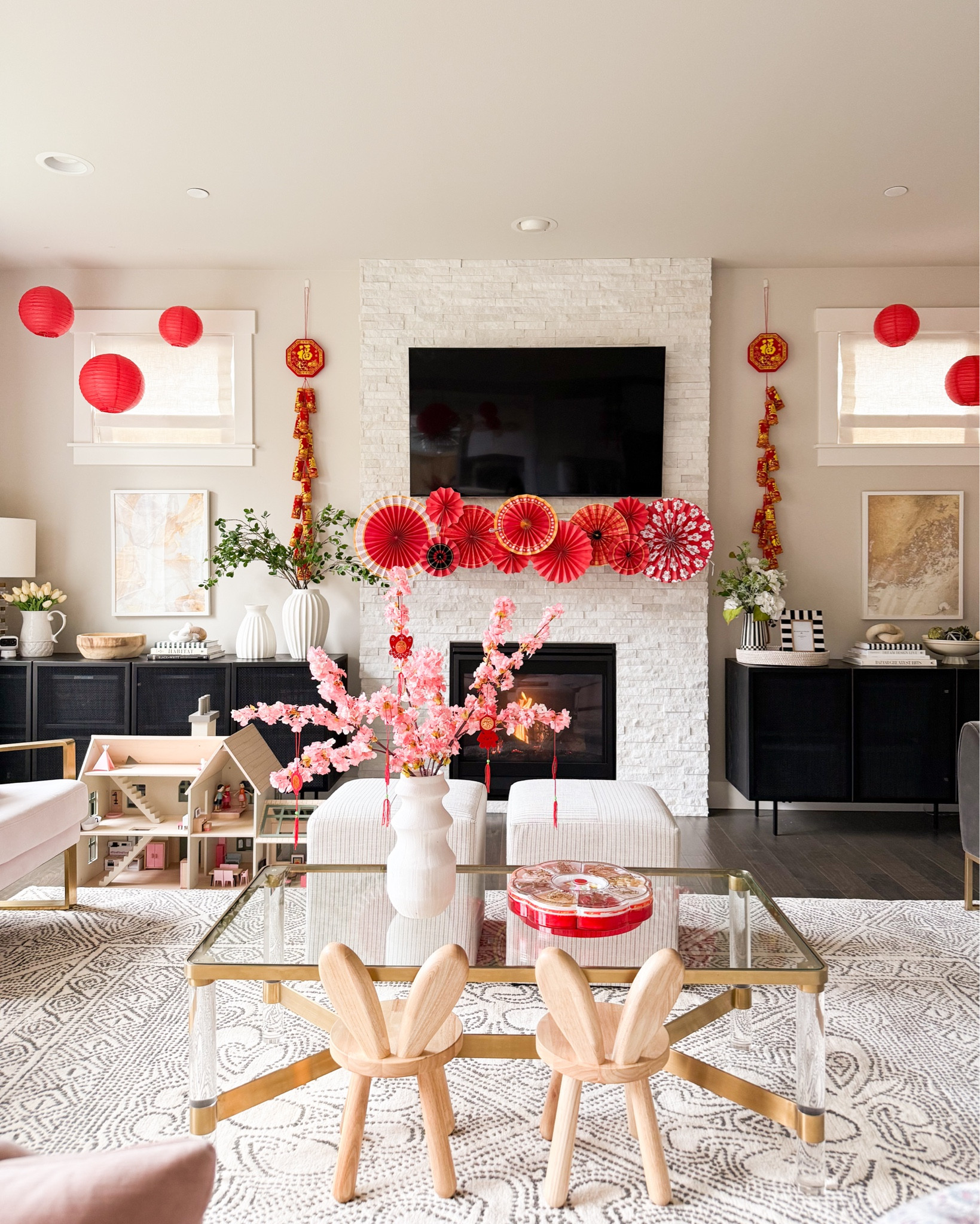 Lunar New Year decor with red paper lanterns! Living room 

Chinese lunar new year, Vietnamese Lunar New Year Decorations 2025, Tết, Artificial Flowers, Hanging Ornaments, Chinese Red Lanterns Oriental Hanging Lucky Paper Fans, red envelopes, rug, vase, cabinet credenza, double sided tape, command clips, home decor, frame, year of the horse

#LTKHome #LTKSeasonal