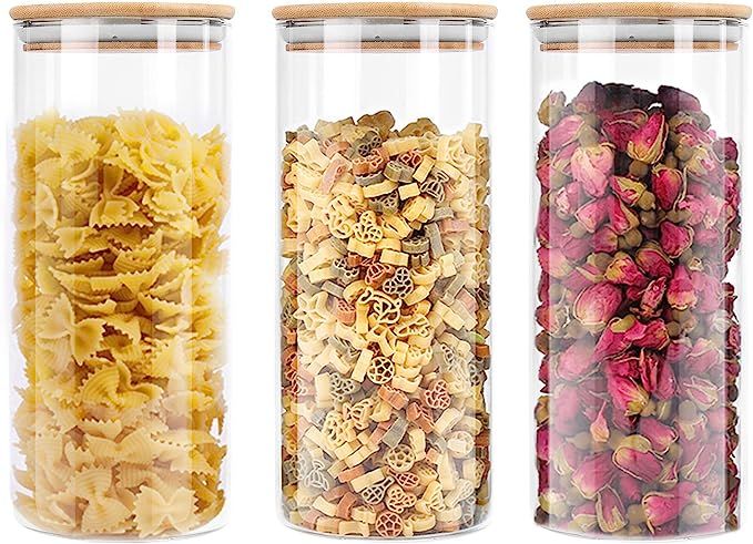 Lawei 3 pack Glass Storage Jars with Sealed Bamboo Lids - 51 oz Clear Glass Bulk Food Storage Can... | Amazon (US)