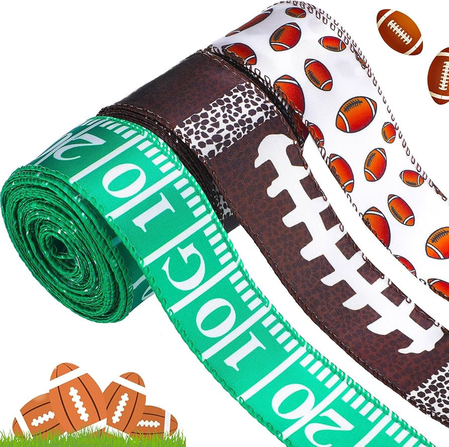 3 Rolls Football Wired Ribbon, 10 Yards Football Printed Wired Ribbon for Football Fan Wreath, Sw... | Amazon (US)
