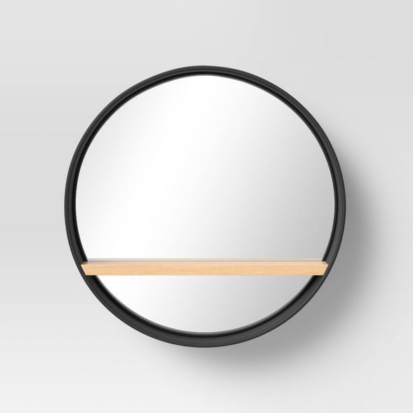 22.5" Round Metal Wall Mirror with Natural Wood Shelf Black - Threshold™ | Target
