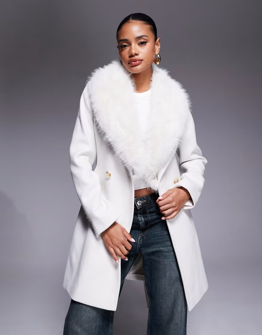Forever New faux fur collar formal belted coat in white | ASOS (Global)